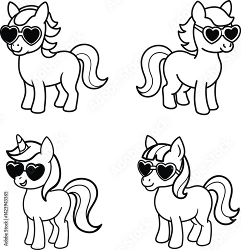 Cartoon ponies and unicorns wearing heart shaped sunglasses line art