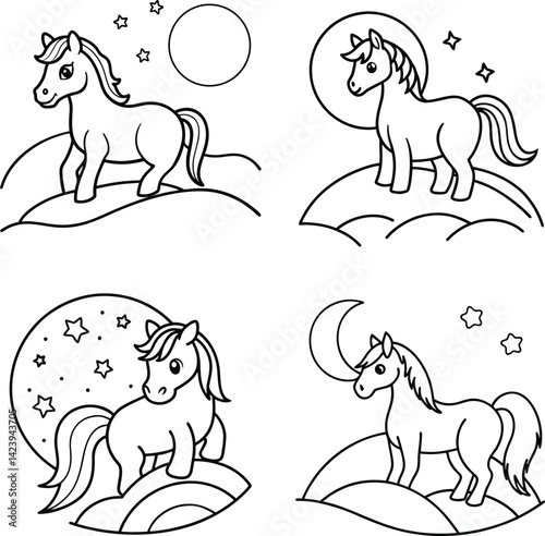 Cute horses with celestial elements black and white outline illustration collection