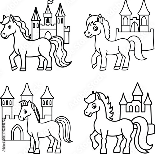 Cute cartoon horses and castles coloring page vector illustration set