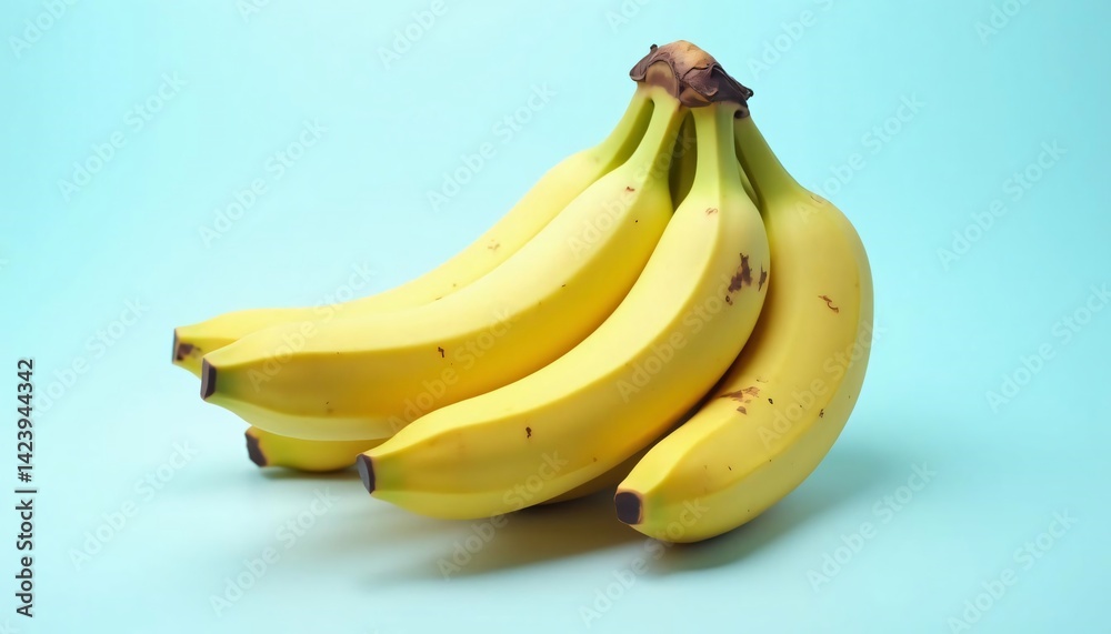 A vibrant bunch of ripe bananas arranged on a soft blue background, enhancing freshness A vibrant bunch of ripe bananas arranged on a soft blue background, enhancing freshness