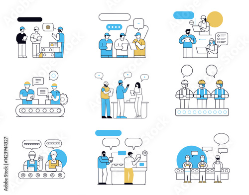 manufacturing operators communicating discussing information set illustrated scenarios speech bubbles indicating conversations, control Quality Inspection Process Production