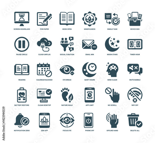 collection digital minimalism or digital detox icons concepts, mindfulness focus digital disconnection, Peace Health Tranquility Wellness