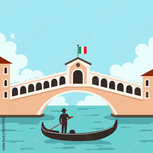Flat vector of a gondolier on a canal in Venice, with the famous bridge and Italian flag. Iconic cityscape with cultural and touristic elements