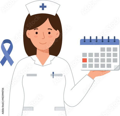 Nurse holding calendar with blue awareness ribbon for health campaign vector illustration 