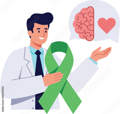 Doctor Holding Green Ribbon with Brain and Heart Symbol Awareness Concept Vector Illustration 