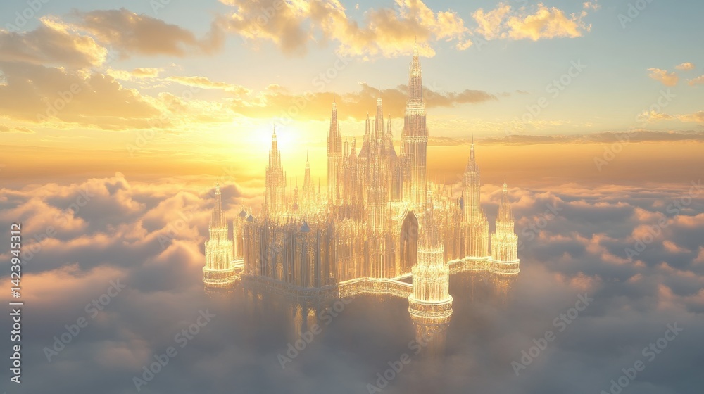 Fototapeta premium A beautiful gleaming castle is floating above the clouds at sunrise