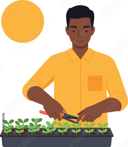 Man pruning small plants in yellow shirt with sun illustration vector gardening activity 