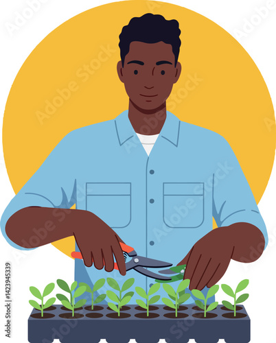 Young man gardening with pruning shears trimming seedlings in blue shirt vector illustration 