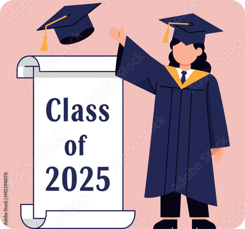 Graduation student celebrating class of 2025 with cap and gown illustration vector 