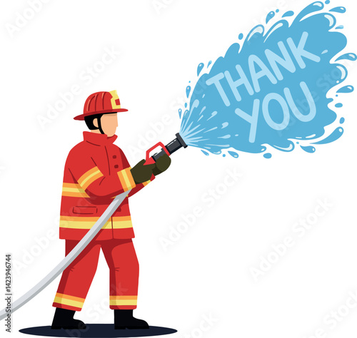 Firefighter spraying water hose with thank you text in blue water splash vector illustration 