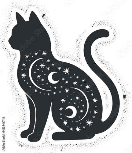A stylized silhouette of a cat, predominantly in white against a black background