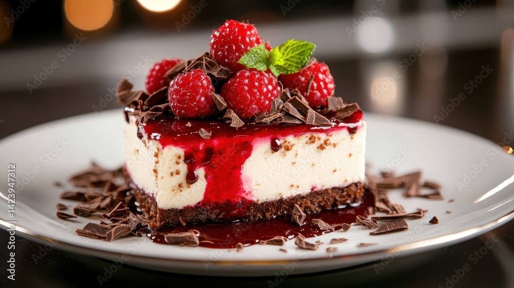 This decadent slice of raspberry cheesecake is beautifully presented with rich chocolate shavings and fresh raspberries, offering an enticing dessert rendering that beckons to be enjoyed. This decadent slice of raspberry cheesecake is beautifully presented with rich chocolate shavings and fresh raspberries, offering an enticing dessert rendering that beckons to be enjoyed.