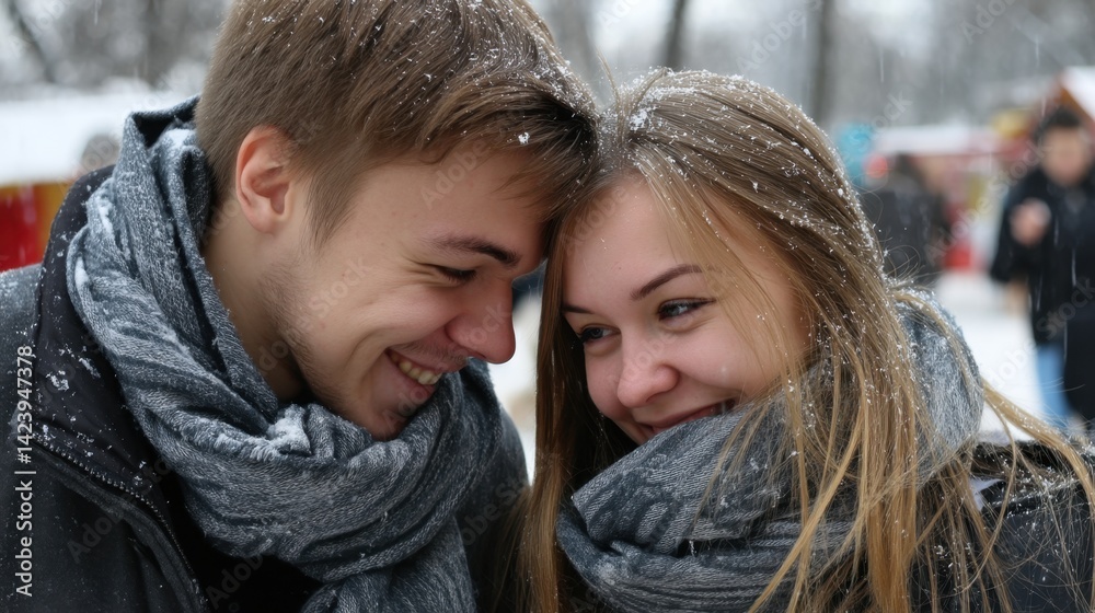 Fototapeta premium Young couple sharing a joyful and intimate moment outdoors in snowy winter weather