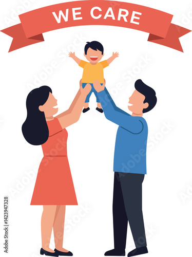 Family couple holding child with we care banner vector illustration for parenting support and love 