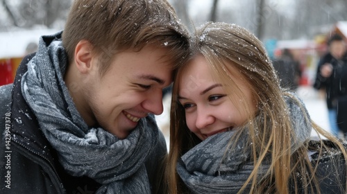 Young couple sharing a joyful and intimate moment outdoors in snowy winter weather