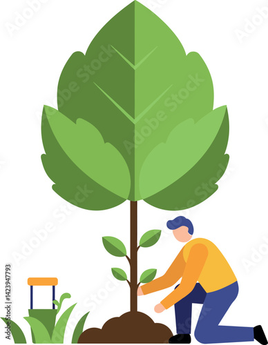 Man Planting Tree Symbolizing Environmental Care and Growth in Green Nature Scene 