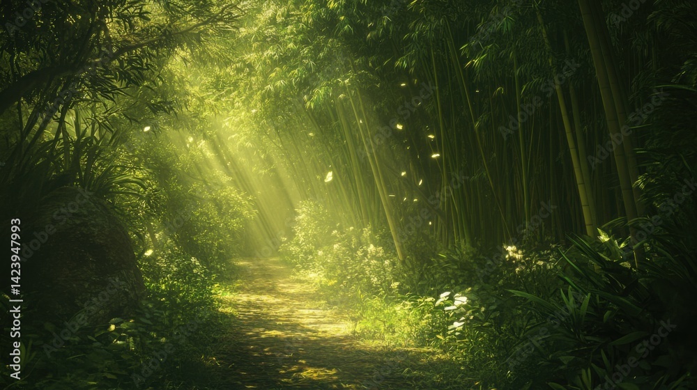 Fototapeta premium Lush bamboo park with sunbeams piercing through tall stalks, breeze rustling leaves across a quiet trail