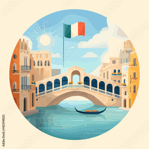 Vector illustration of Venice with a gondola on the canal, historic bridge, Italian flag, and traditional architecture under a sunny sky