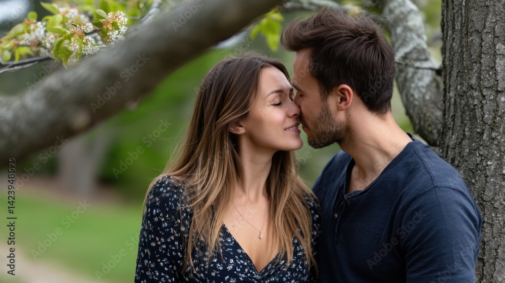 Naklejka premium Romantic couple sharing an intimate moment outdoors under a tree on a spring day
