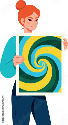 Woman holding colorful spiral abstract art poster with yellow green blue tones vector illustration 