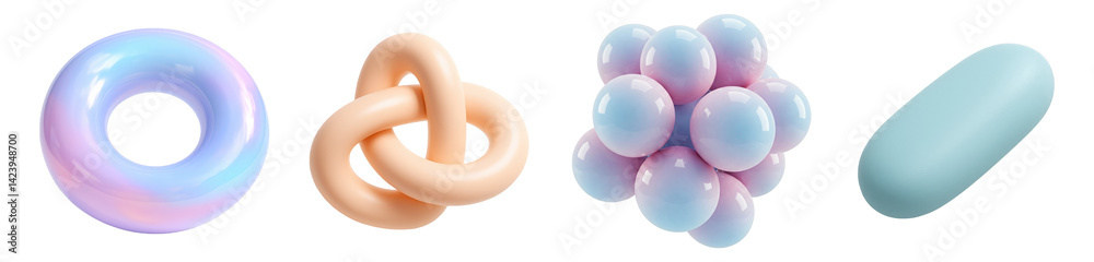 Abstract Composition of Colorful 3D Shapes: Swirls, Knots, and Bubble Clusters in Soft Pastel Tones against a Black Background Abstract Composition of Colorful 3D Shapes: Swirls, Knots, and Bubble Clusters in Soft Pastel Tones against a Black Background