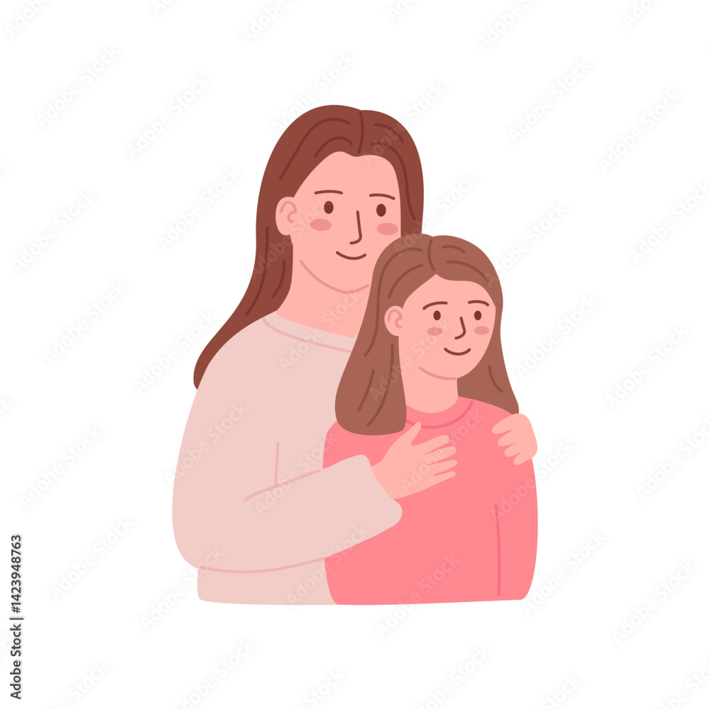 Cute mother and child daughter, confidence in child. Happy family embracing, hugging. Motherhood, parenthood. Mom and girl kid together. Love, friendship of characters. Flat vector illustration Cute mother and child daughter, confidence in child. Happy family embracing, hugging. Motherhood, parenthood. Mom and girl kid together. Love, friendship of characters. Flat vector illustration