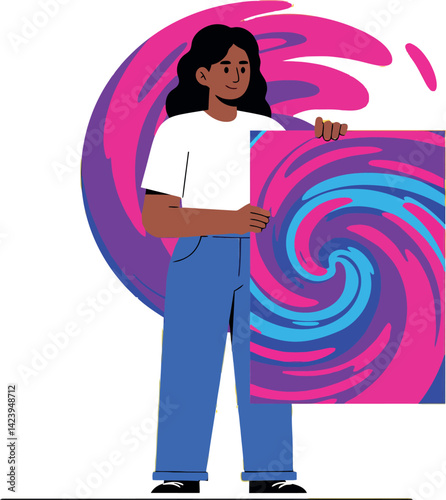 Woman holding abstract spiral art with pink and blue swirls vector illustration 
