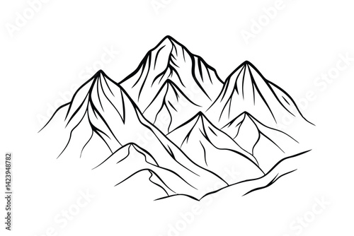 Minimalist mountain range illustration rocky peaks and jagged ridges in black and white outline style