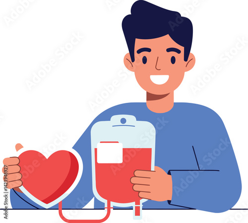 Young man donating blood with heart symbol in flat style illustration vector 
