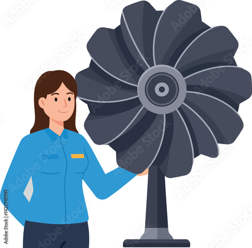 Female engineer inspecting large industrial turbine in blue uniform vector illustration 