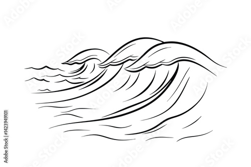 Stylized ocean waves black and white illustration graphic design element sea scenery line art