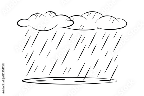 Simple cartoon rain drawing featuring clouds and puddle isolated on white background