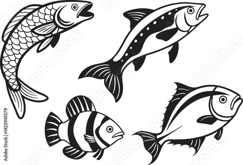 Fish Illustration Set for Creative Projects. Colorful Fish Collection for Designers. Hand Drawn Fish Pack for Artwork. Marine Fish Designs for Prints and Crafts. Ocean Fish Graphics for Digital Use
