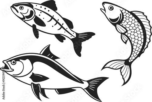Fish Illustration Set for Creative Projects. Colorful Fish Collection for Designers. Hand Drawn Fish Pack for Artwork. Marine Fish Designs for Prints and Crafts. Ocean Fish Graphics for Digital Use