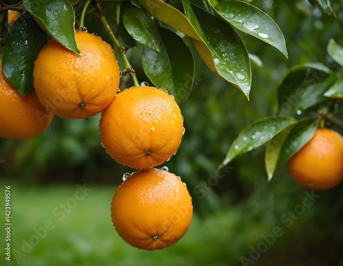A bunch of ripe tangerine on tree, Sweet and juicy oranges on a tree in orchard, Oranges with drop of water