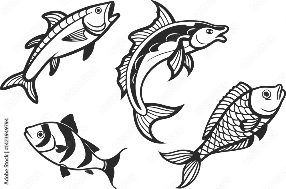 Fototapeta premium Fish Illustration Set for Creative Projects. Colorful Fish Collection for Designers. Hand Drawn Fish Pack for Artwork. Marine Fish Designs for Prints and Crafts. Ocean Fish Graphics for Digital Use