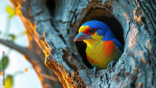 Colorful pririt batis bird peeking from tree hollow at sunset photo