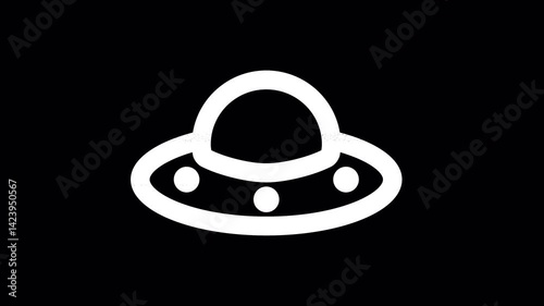 Icon ufo is distorted. Glitch. Noise, chromatic aberration, geometric distortion. Transparent background, looped. In-Out looped. Alpha BW at the end