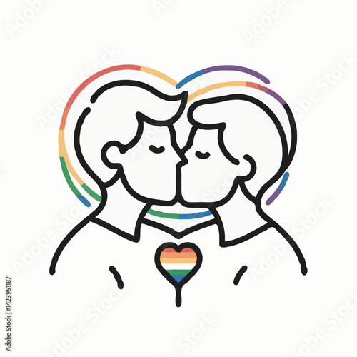 Two men kissing with a rainbow heart background  