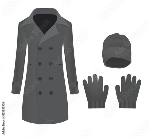 Coat, hat and gloves set. vector  illustration