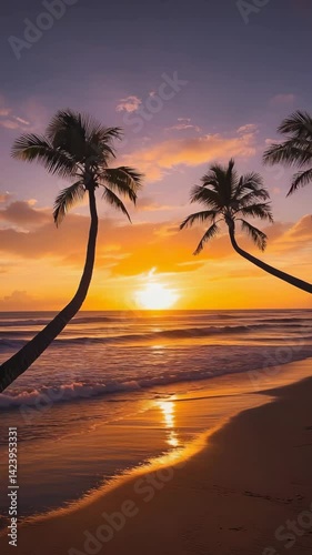 Tropical paradise beach with silhouetted palm trees, ocean waves, and a vibrant orange sunset casting a warm glow over the sand.