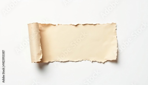 Torn beige paper sheet on a white background, showcasing texture and color for design use