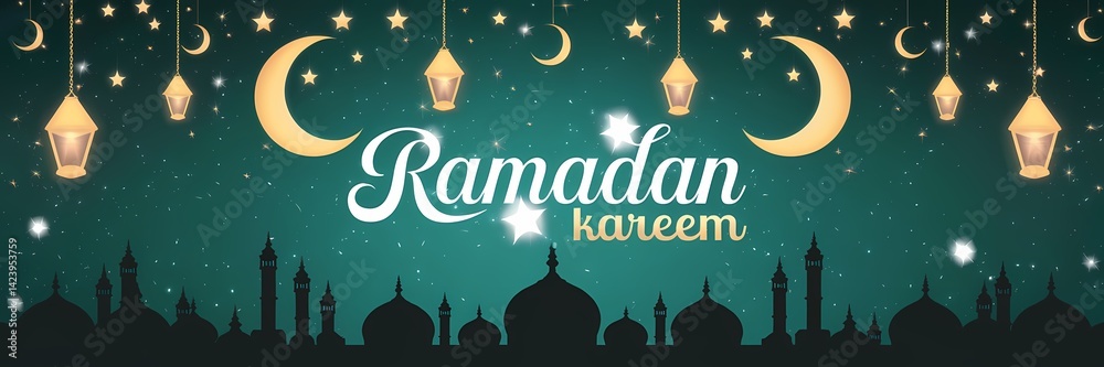 Naklejka premium Ramadan Kareem celebrations with glowing lanterns crescent moons mosque silhouettes elegant white typography and deep teal background symbolizing peace reverence and spiritual joy of the holy month