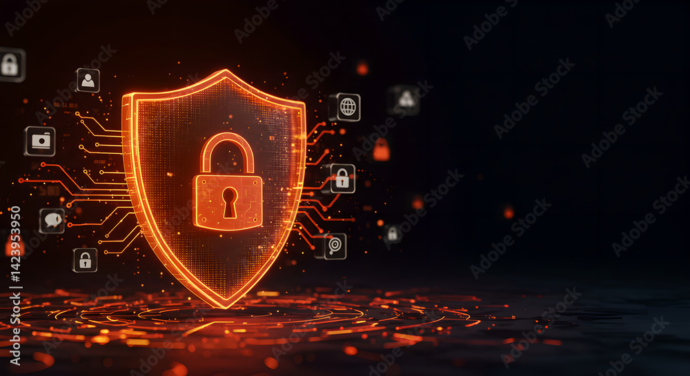 Fototapeta premium Hologram shield with lock and circuit board pattern. Concept of digital security, data protection, and cybersecurity technology. Abstract futuristic background.