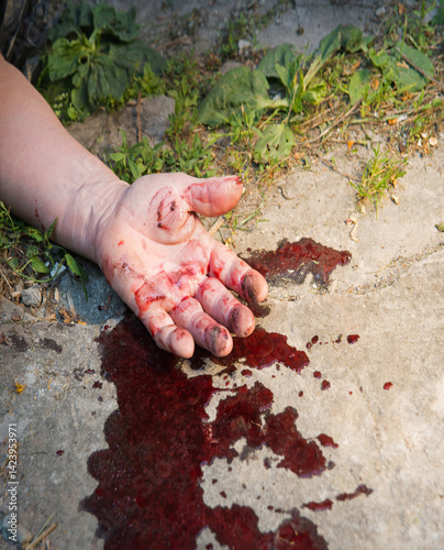 A man's hand in blood lies on the ground