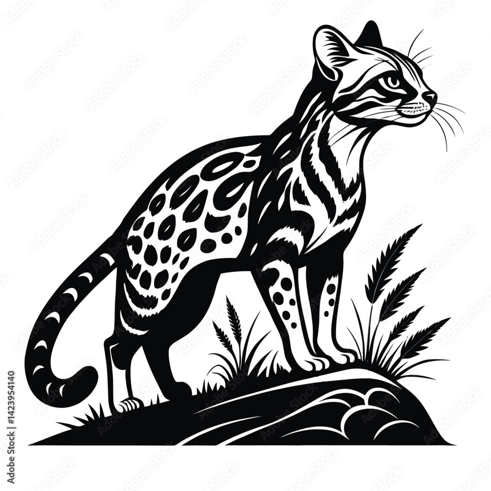 Obraz premium Elegant Black and White Illustration of a Fishing Cat