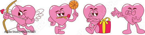 funny trendy love character sticker set. Retro cartoon Valentine's Day. Basketball, rose flower, gift and heart elements