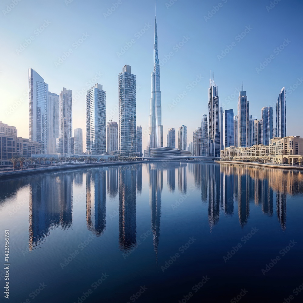 Fototapeta premium Dubai skyline reflecting in calm water at dawn