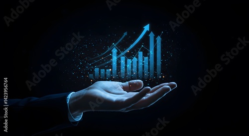 AI image shows a hand presenting a digital graph rising upwards, representing growth, progress, and positive market trends