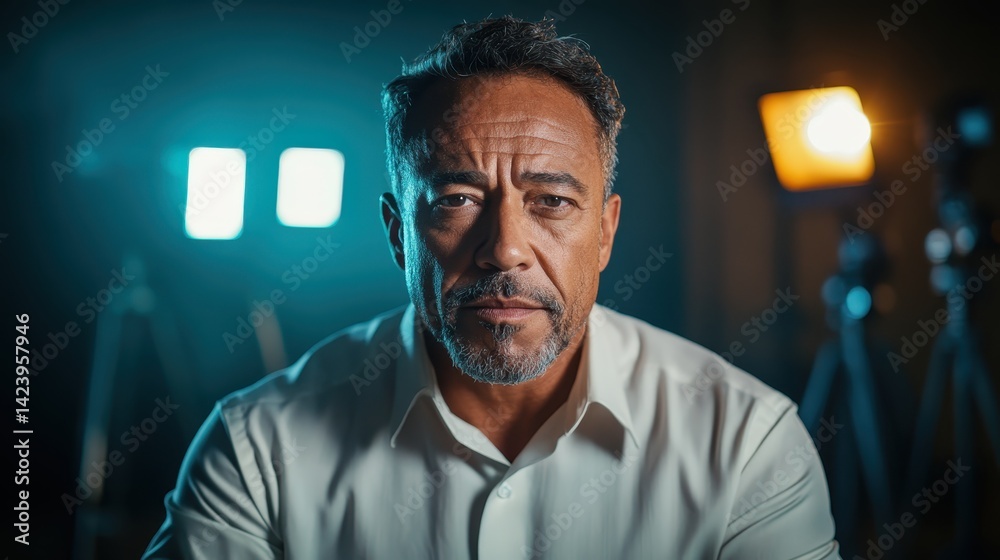 A confident man caught in a moment of determination, staring directly at the camera with an intense gaze amid a dimly lit background that evokes a productive ambiance.